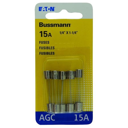 EATON BUSSMANN Glass Fuse, AGC Series, Fast-Acting, 15A, 250V AC, 1kA at 32V AC BP/AGC-15-RP